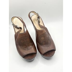 Coach Brown Leather Wedge Platform Sandals Open Toe Perforated Logo Size 7.5